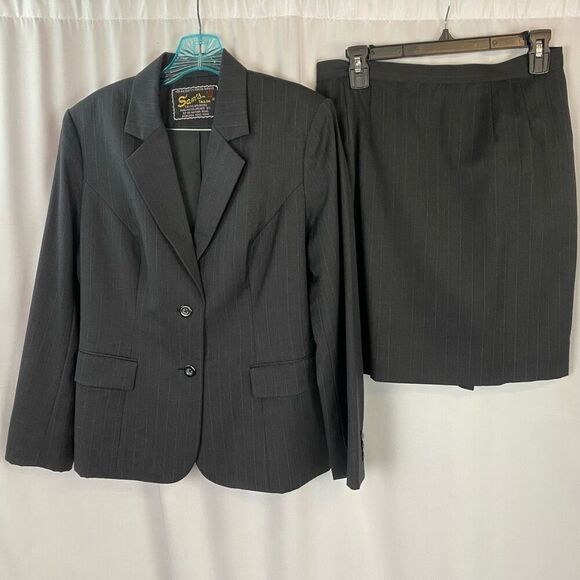 Sam's Tailor Bespoke Ladies Grey Pinstripe Tailored Skirt Suit Business Professi